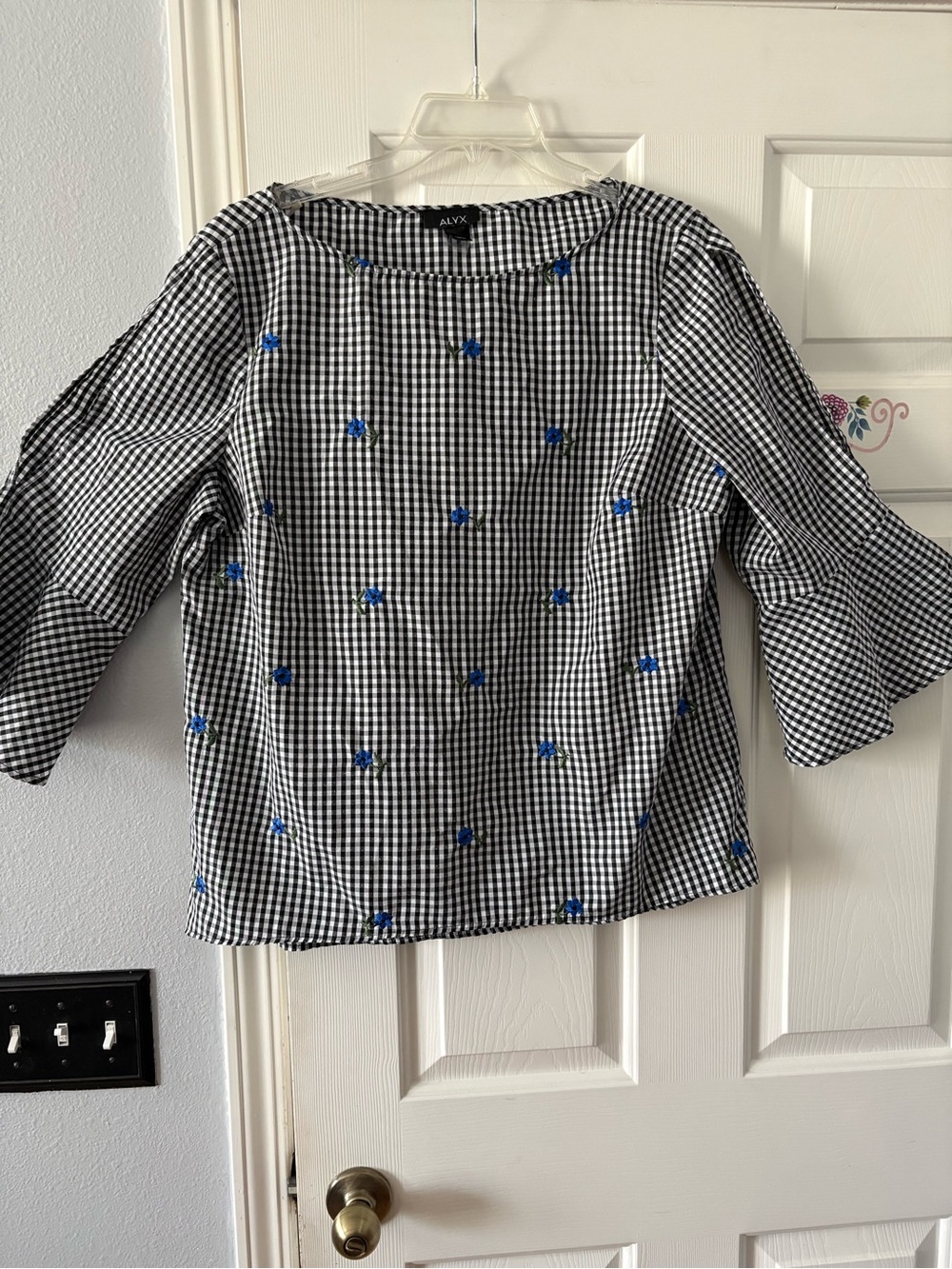 ALYX Black & White Gingham Top with Blue Floral Embroidery Slits in Sleeves